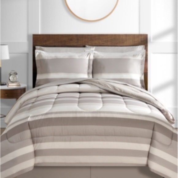 Austin Stripe/Solid Reversible 8 Pc. Comforter Set- Taup NWT - Picture 1 of 2